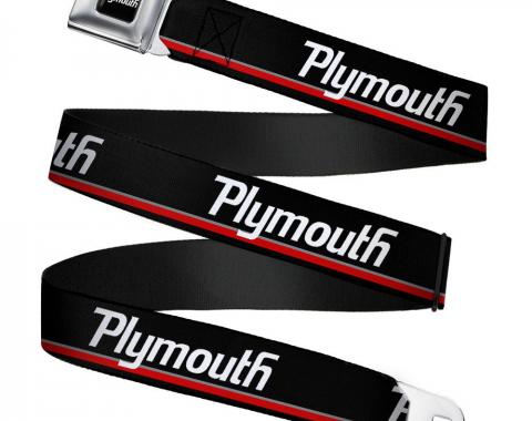 PLYMOUTH Text Logo Full Color Black/White Seatbelt Belt - PLYMOUTH Text/Stripe Black/White/Gray/Red Webbing