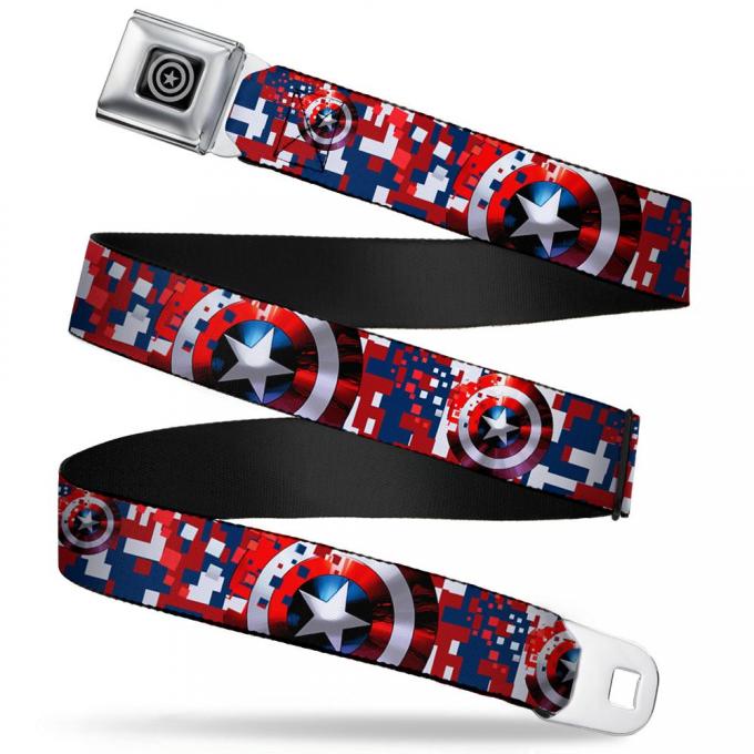 MARVEL AVENGERS 
Captain America Shield Black/Silver Seatbelt Belt - Captain America Shield Digital Camo Blue/White/Red Webbing