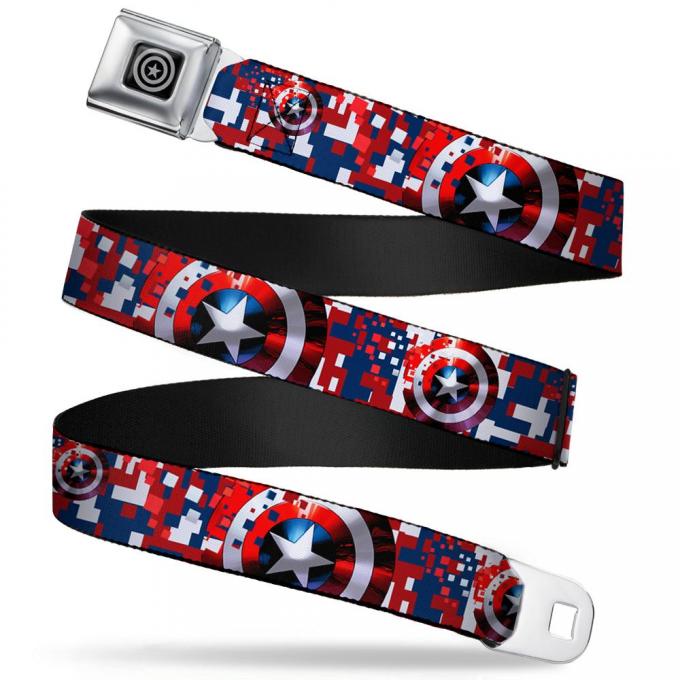 MARVEL AVENGERS 
Captain America Shield Black/Silver Seatbelt Belt - Captain America Shield Digital Camo Blue/White/Red Webbing