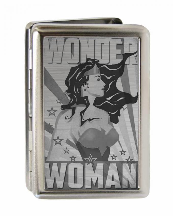 Business Card Holder - LARGE - WONDER WOMAN Pose/Stars & Rays Brushed Silver