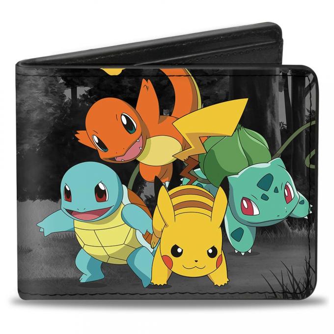 Bi-Fold Wallet - Pikachu & Kanto Starter Trio Pose Forest Grays