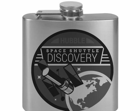 Stainless Steel Flask - 6 OZ - SPACE SHUTTLE DISCOVERY Hubble Telescope Tonal Grays