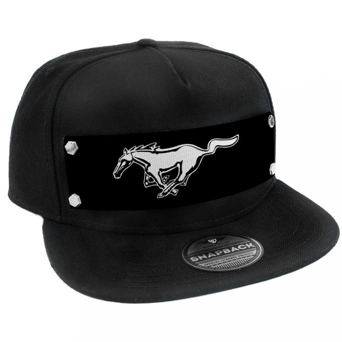 Embellishment Trucker Hat BLACK - Full Color Strap - Mustang Pony Logo Black/White/Black