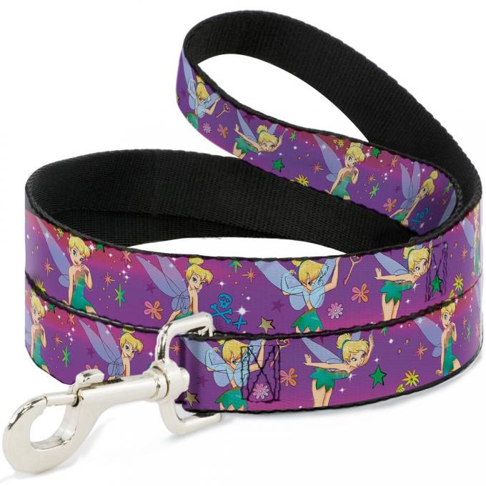 Dog Leash Tinker Bell Poses/Flowers/Stars/Skull Purple