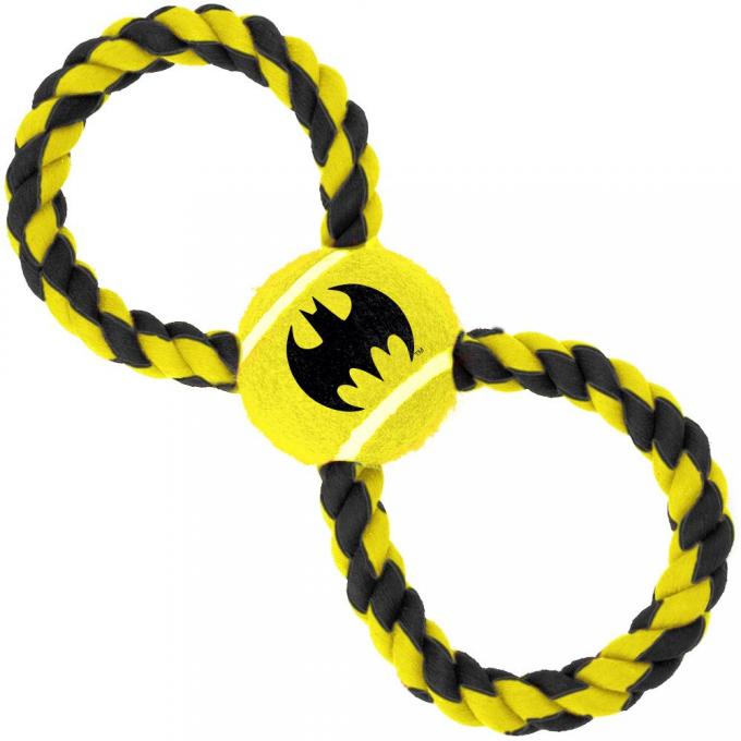 Dog Toy Rope Tennis Ball - Batman Bat Icon Yellow/Black + Black/Yellow Rope