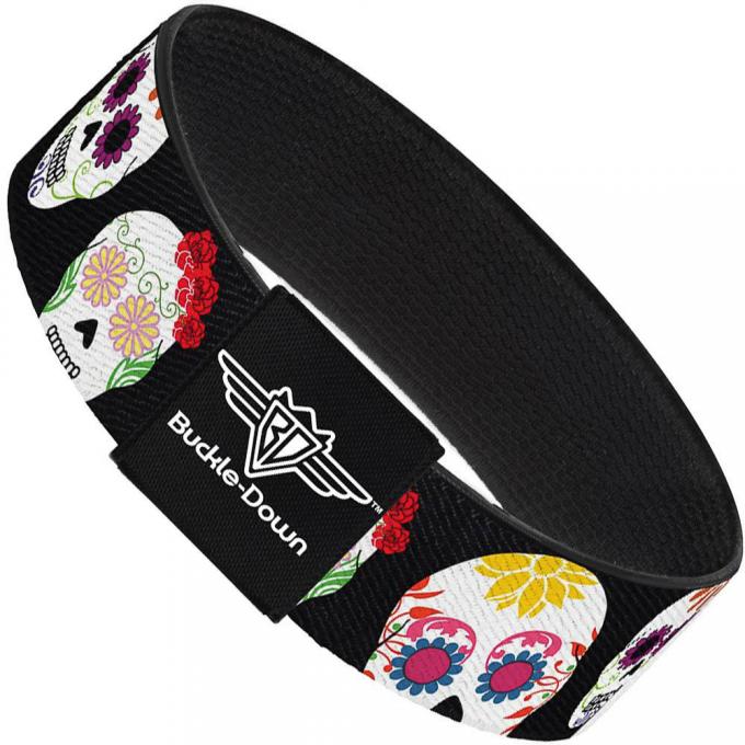 Buckle-Down Elastic Bracelet - Staggered Sugar Skulls Black/Multi Color