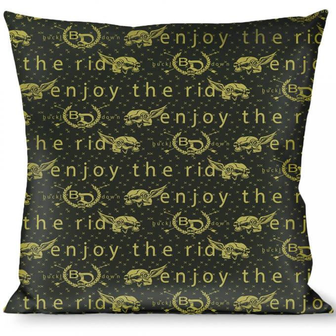 Buckle-Down Throw Pillow - BD Winged Skull ENJOY THE RIDE Olive/Lime Green
