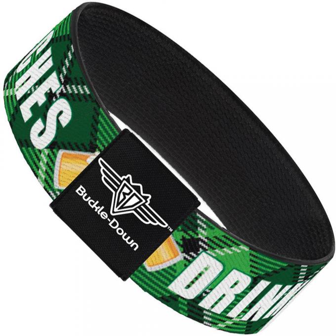 Buckle-Down Elastic Bracelet - St. Pat's DRINK UP BITCHES/Beer Mugs/Stacked Shamrocks Greens/White/Gold