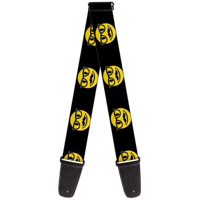 Guitar Strap - Happy Face w/Glasses& Mustache Black/Yellow/Black