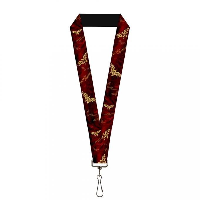 Lanyard - 1.0" - WONDER WOMAN Logo/Text Scattered Rays Weathered Burgundy/Gold