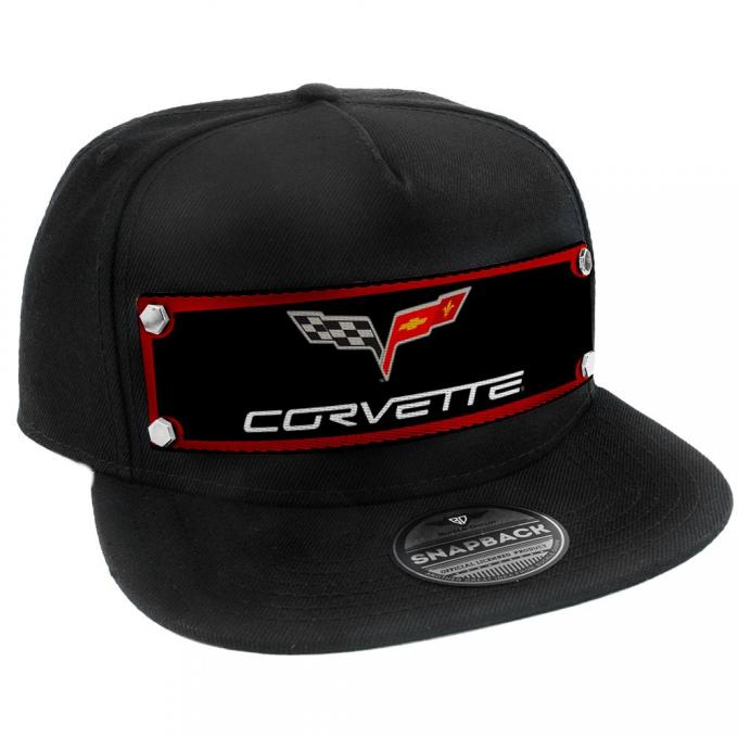 Embellishment Trucker Hat BLACK - Full Color Strap - C6 CORVETTE Logo Red/Black/Gray/White