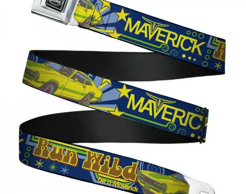 Ford Emblem Seatbelt Belt - Vintage Ford MAVERICK-RUN WILD BE A MAVERICK Blues/Yellows