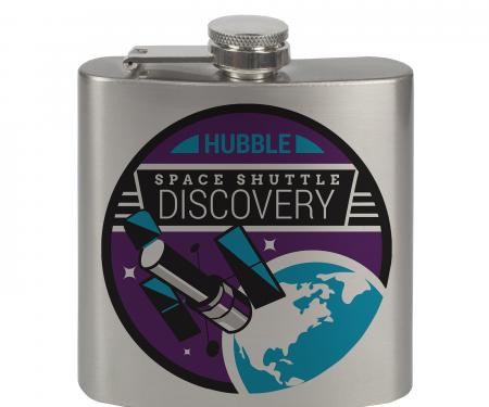 Stainless Steel Flask - 6 OZ - SPACE SHUTTLE DISCOVERY Hubble Telescope Black/White/Purple/Blue