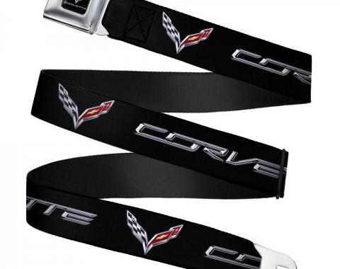 C7 Full Color Black Seatbelt Belt - CORVETTE/C7 Logo Black/Silver/Red Webbing