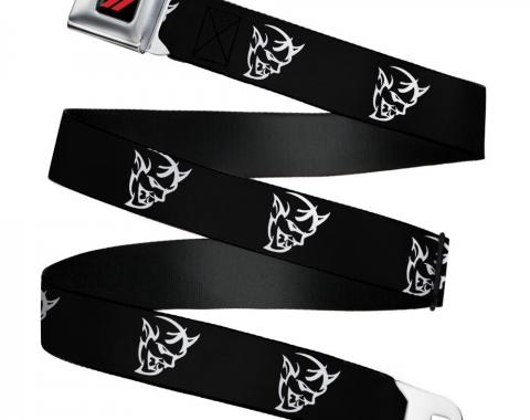 Dodge Rhombus Icon Full Color Black/Red Seatbelt Belt - Dodge Demon Icon Black/White Webbing
