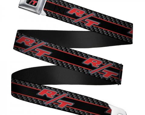 Dodge Challenger R/T Emblem Full Color Black/White/Red Seatbelt Belt - Dodge Challenger R/T Emblem/Carbon Fiber Stripe Grays/Black/Red Webbing