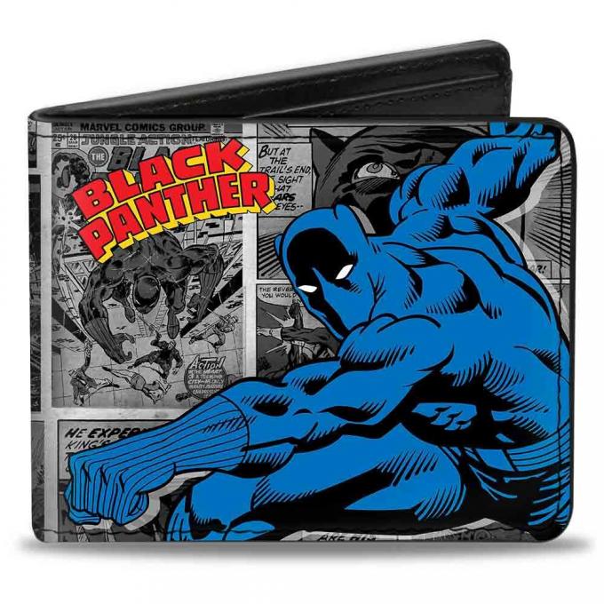 MARVEL COMICS  
Bi-Fold Wallet - BLACK PANTHER Action Pose/Comic Blocks Grays/Yellow/Red/Blue