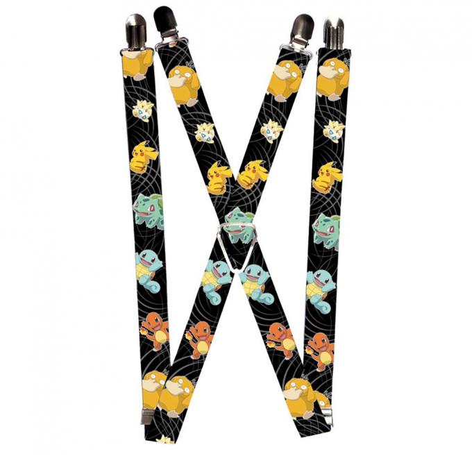 Suspenders - 1.0" - Kanto Starter POKEMON/Psyduck/Togepi/Pikachu Swirl Black/Gray