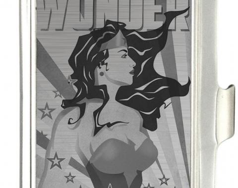 Business Card Holder - SMALL - WONDER WOMAN Pose/Stars & Rays Brushed Silver