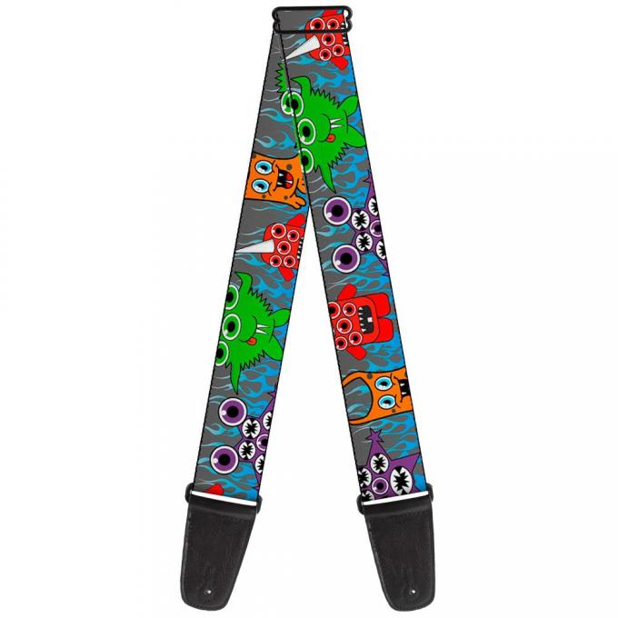 Guitar Strap - Cute Monsters Gray/Flame Blue