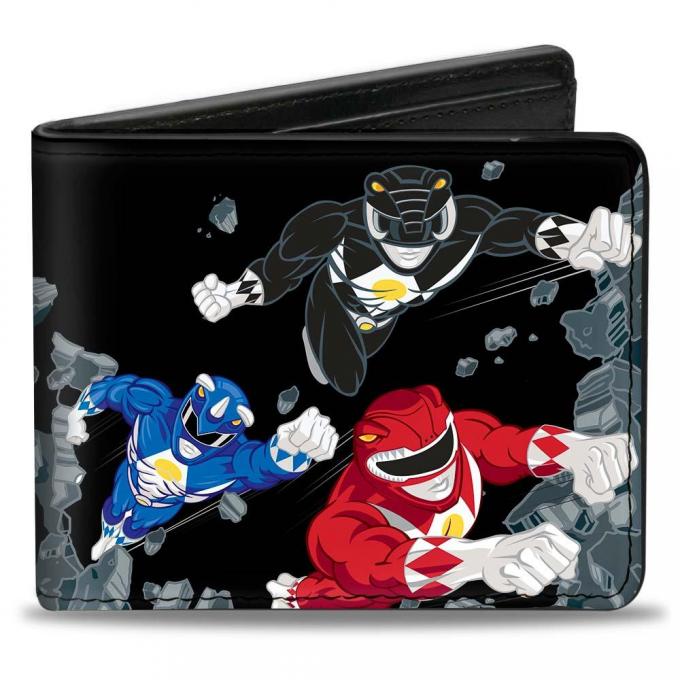 Bi-Fold Wallet - 3-Power Rangers Flying/Breaking Concrete + MIGHTY MORPHIN POWER RANGERS Logo Black/Grays