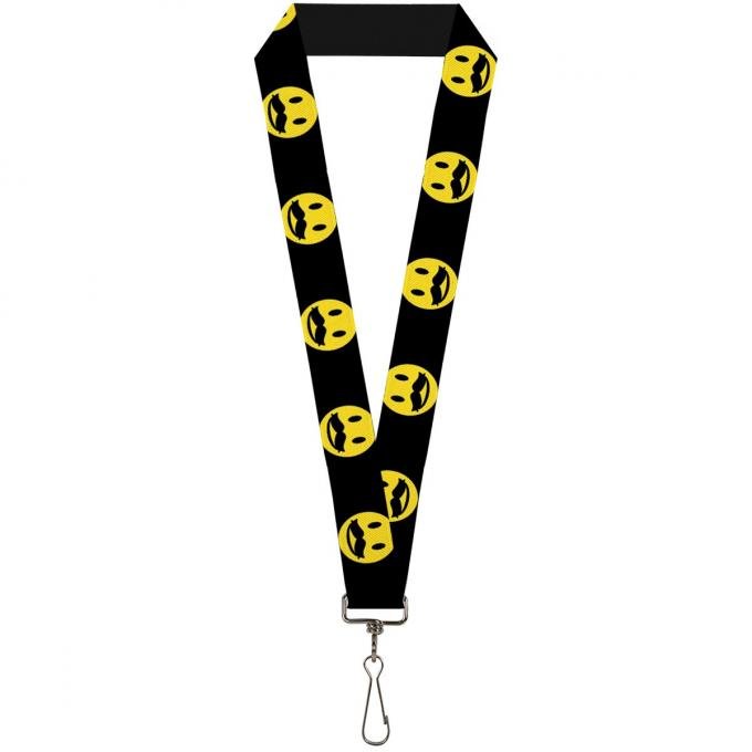 Buckle-Down Lanyard - Mustache Happy Face2 Black/Yellow/Black