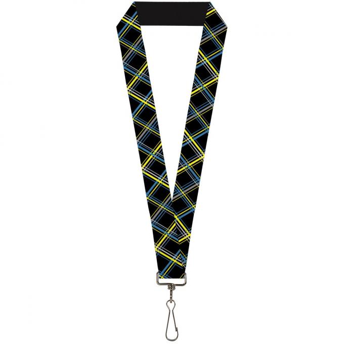 Buckle-Down Lanyard - Plaid Black/Yellow/Turquoise/Gray