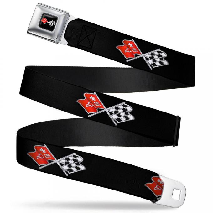 Corvette C3 Crossed Flags Logo Full Color Seatbelt Belt - Corvette C3 Crossed Flags Logo Black Repeat Webbing