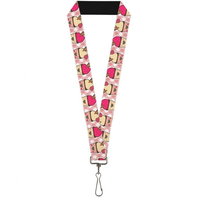 Buckle-Down Lanyard - Happy Cupcakes Buffalo Plaid White/Pink