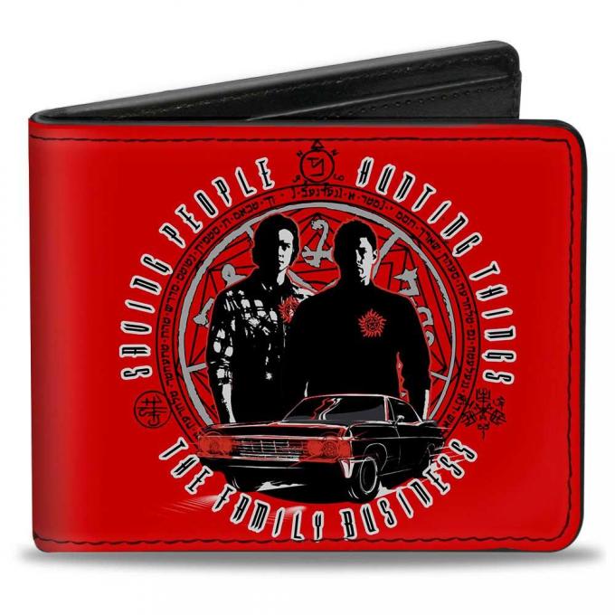 Bi-Fold Wallet - Supernatural Sam & Dean Pose/Impala/Symbols SAVING PEOPLE-HUNTING THINGS-THE FAMILY BUSINESS Red/Grays/Black