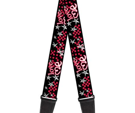 Guitar Strap - Love Me w/Sketch Stars & Checkers Black/Fuchsia/White