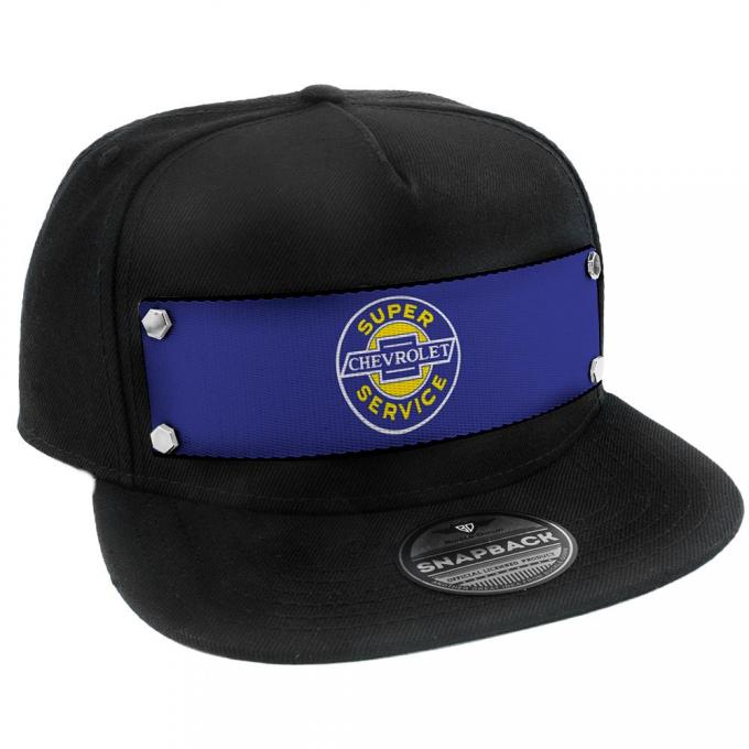 Embellishment Trucker Hat BLACK - Full Color Strap - CHEVROLET SUPER SERVICE Logo Blue/White/Yellow