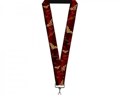 Lanyard - 1.0" - WONDER WOMAN Logo/Text Scattered Rays Weathered Burgundy/Gold