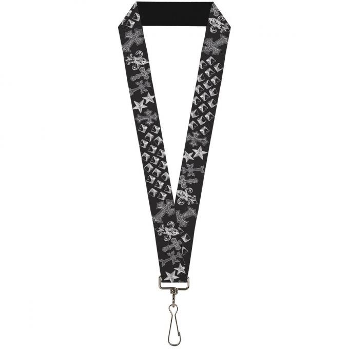 Buckle-Down Lanyard - Elegant Crosses/Stars/Studs Black/Grays