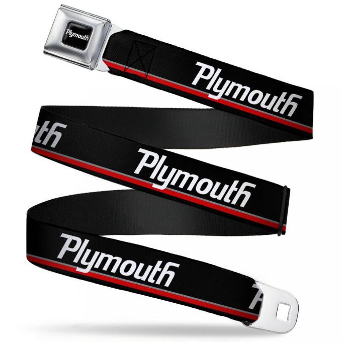 PLYMOUTH Text Logo Full Color Black/White Seatbelt Belt - PLYMOUTH Text/Stripe Black/White/Gray/Red Webbing