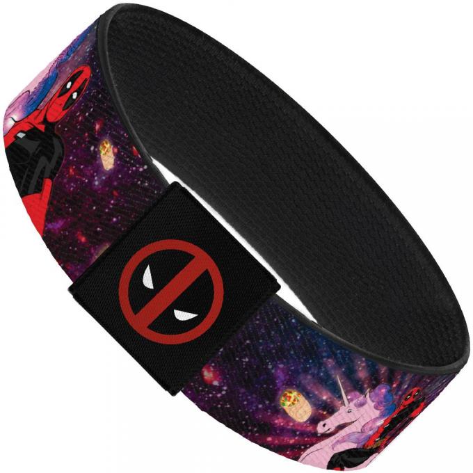 MARVEL DEADPOOL Elastic Bracelet - 1.0" - Deadpool on Unicorn Pose/Chimichangas/Rays Galaxy Blues/Purples/Pinks