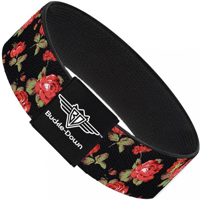 Buckle-Down Elastic Bracelet - Red Roses Scattered Black