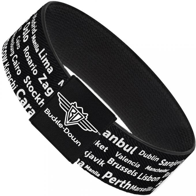 Buckle-Down Elastic Bracelet - Verbiage Destination Cities Black/White