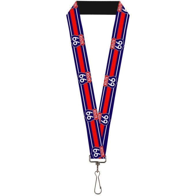 Buckle-Down Lanyard - ROUTE 66 Highway Sign/Stripe Blue/White/Red