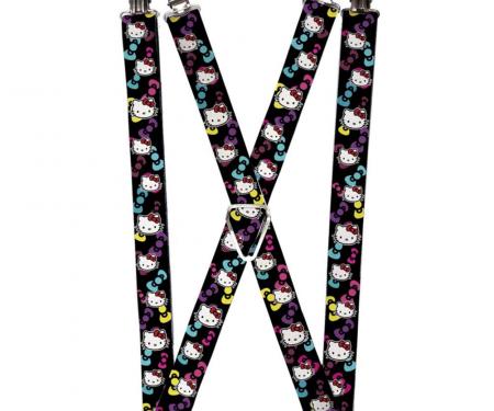 Suspenders - 1.0" - Hello Kitty Multi Face w/Bows Black/Purple/Turquoise/Yellow