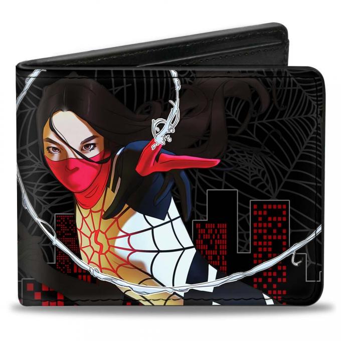 MARVEL UNIVERSE  
Bi-Fold Wallet - Silk #2 Shooting Web Cover Pose/Spider Webs/Skyline Black/Gray/Red