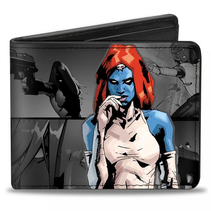 MARVEL X-MEN 
Bi-Fold Wallet - Mystique Standing Pose/Comics Scene Blocks/Skulls Grays