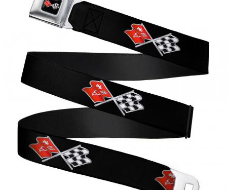 Corvette C3 Crossed Flags Logo Full Color Seatbelt Belt - Corvette C3 Crossed Flags Logo Black Repeat Webbing