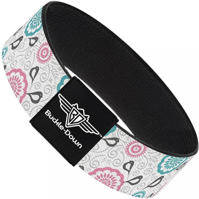 Buckle-Down Elastic Bracelet - Bird Tapestry White/Gray/Turquoise/Pink
