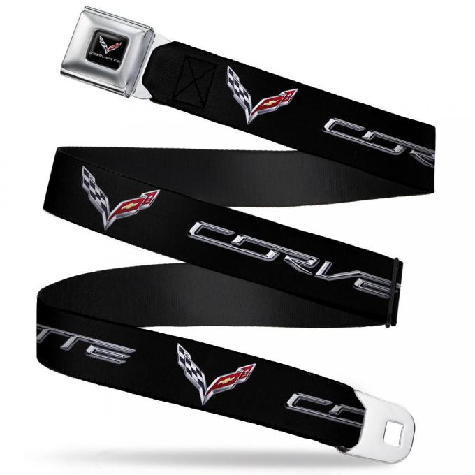 C7 Full Color Black Seatbelt Belt - CORVETTE/C7 Logo Black/Silver/Red Webbing