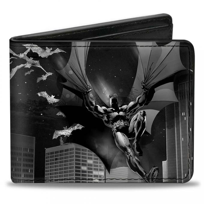 Bi-Fold Wallet - Batman Beauty of Flight Action Pose/Bats/Skyline Black/Grays
