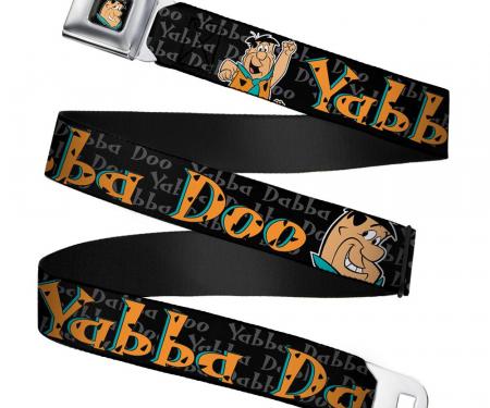 Fred Face Full Color Black Seatbelt Belt - Fred Face/Pose YABBA DABBA DOO Black/Gray/Orange Webbing