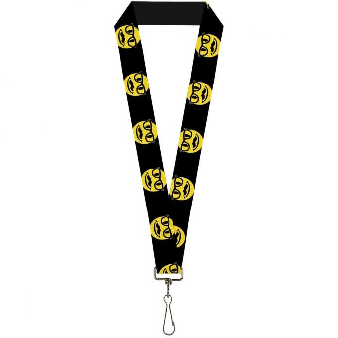 Buckle-Down Lanyard - Happy Face w/Glasses& Mustache Black/Yellow/Black