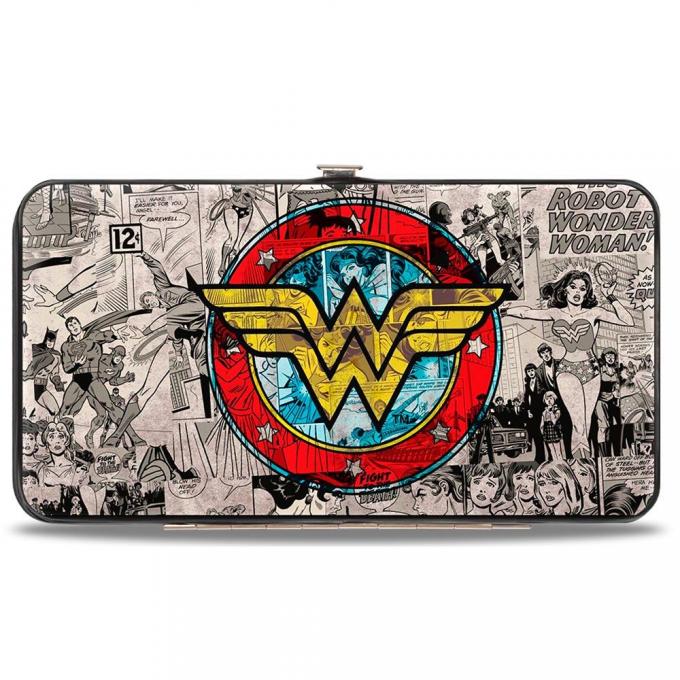 Hinged Wallet - Wonder Woman Logo/Comic Scenes Grays/Blue/Red/Yellow