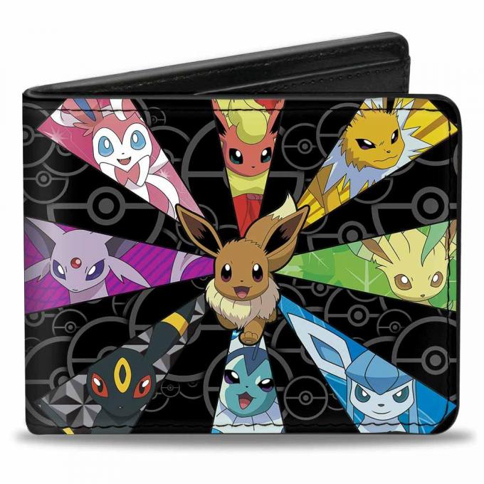 Bi-Fold Wallet - Eevee Evolution POKEMON Rays + POKEMON Logo/Poke Balls Stacked Black/Gray